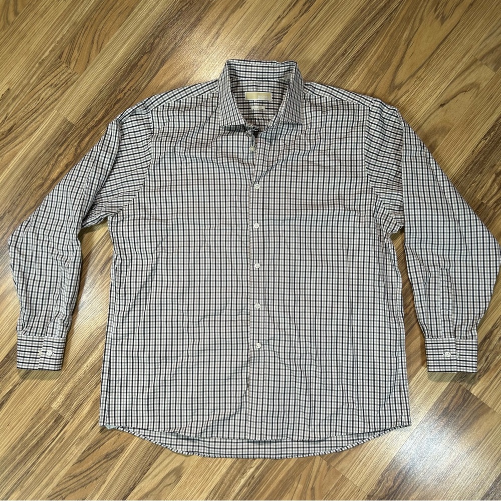 Michael Kors Shirt Mens Size XL Plaid Oxford Non Iron Button Up Long Sleeve